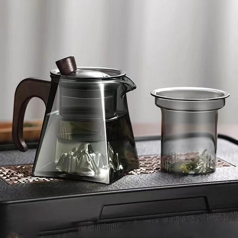 500ML Glass Teapot with Infuser Wood Handle Heated Resistant Kung Fu Tea Kettle with Lid Transparent Glass Puer Tea Pot Teaware