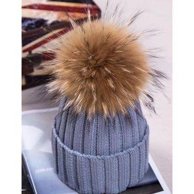 Winter Beanie Wool Knit Hat Raccoon Fur Double Big Ball Pompom Bobble Ski Cap