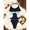 New Splicing Halter Cut Out One Piece Swimsuit Women Swimwear Female High Leg Cut Monokini Padded Bather Bathing Suit Swim V7087