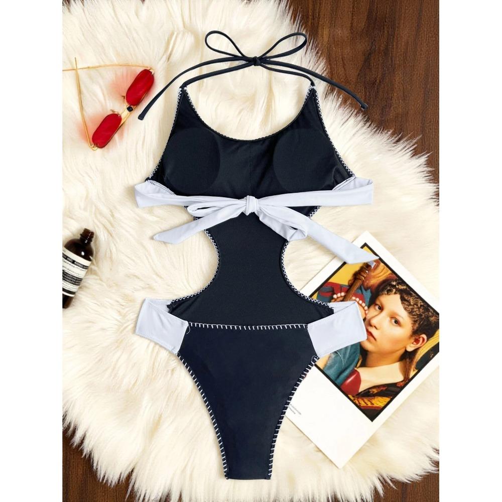 New Splicing Halter Cut Out One Piece Swimsuit Women Swimwear Female High Leg Cut Monokini Padded Bather Bathing Suit Swim V7087