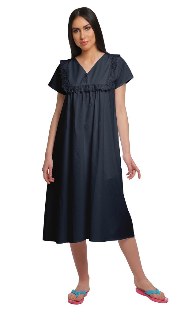 Moomaya Solid Short Sleeve Nightdress For Ladies Button Placket Nightwear