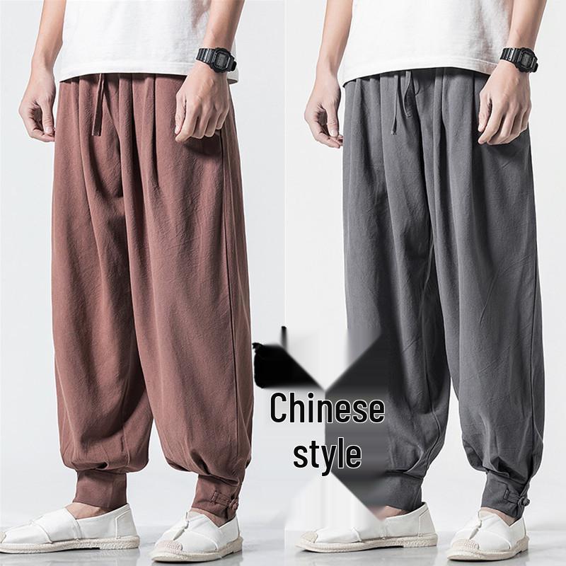 Loose Cotton-Linen Monk Pants with Hem - Lay Buddhist Meditation Wear for Spring and Summer