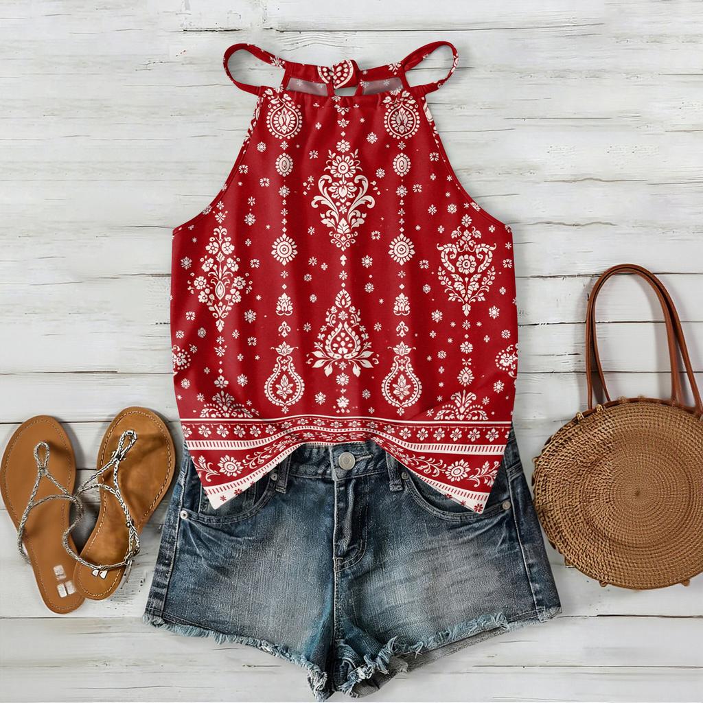 Women Sleeveless Bohemian Tank Top Geometric Print Casual Summer Beachwear Lightweight Blouse with Adjustable Straps and Back Button Closure