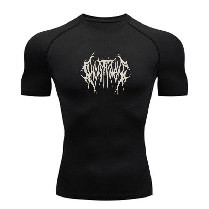 Men's Compression Athletic T-Shirt, Spiky Brutal Metal Text Print Quick Dry Breathable Workout Top for Gym Running Training Active Wear