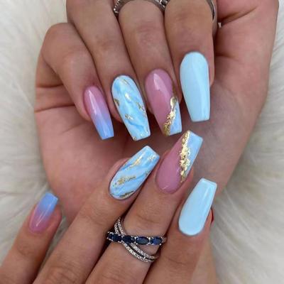 Blue Smudge Medium and Long Fake Nail Gold Foil Fragments High-end Atmosphere 24 Pieces