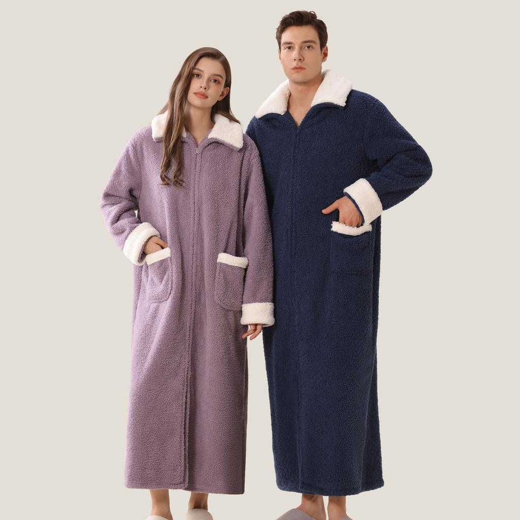 Men's Plush Bathrobe Zipper Up Long Housecoat Winter Warm SPA Fleece Duster Robe with Pocket Flannel Full Length Loose Fit Nightgown Sleepwear for Men