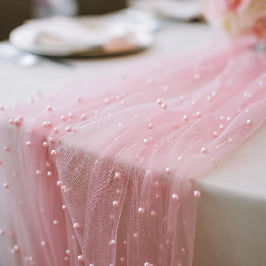 Pearl Chiffon Table Runner 3m Semi Transparent Gauze Mesh Table Cloth Fabric for Wedding Bridal Shower Party Dining Decoration