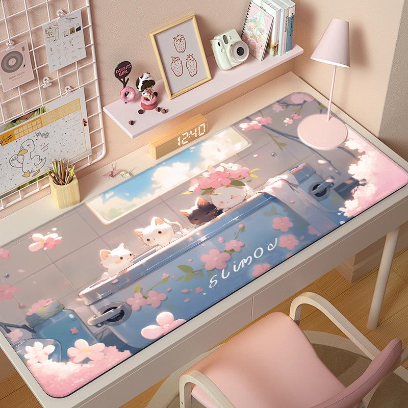 Extra Large Cute Cat Cartoon Mouse Pad with Stitched Edges - Aesthetic Desk Mat for Girls