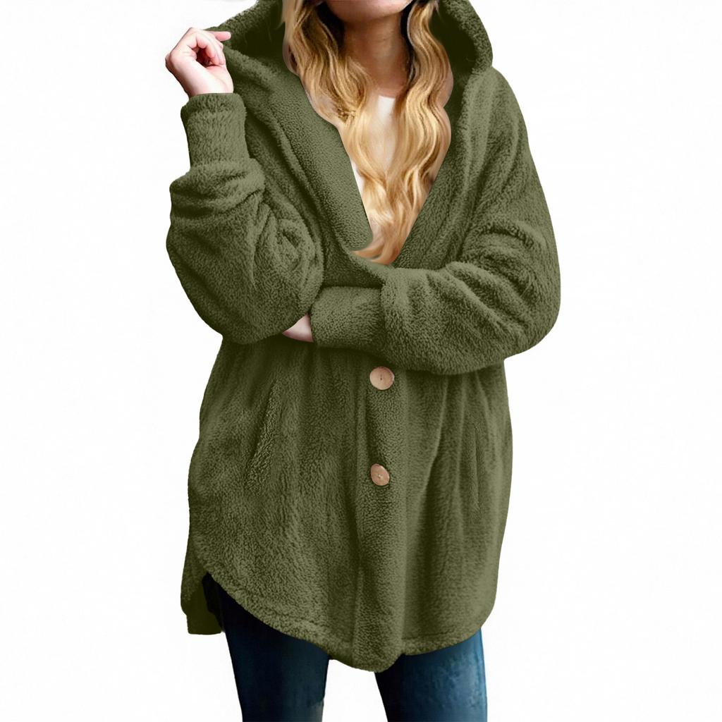 Women's Fashion Solid Color Pocket Button Hooded Plush Coat
