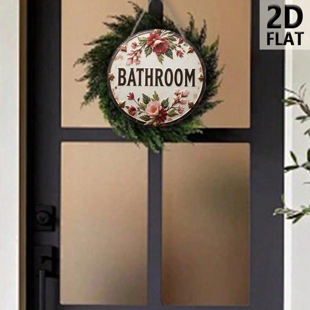 Vintage 7.87 Inch Round Wooden Wall Art Pink Floral Farmhouse Hanging Sign for Bathroom Living Room Rustic Home Decor
