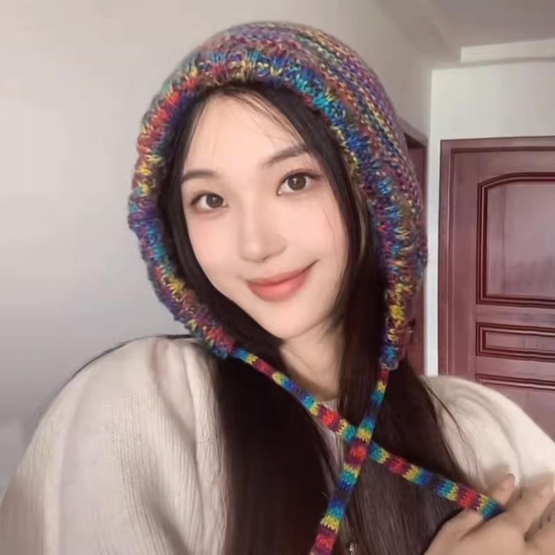 Autumn and winter warm color knitted ear protectors pullover wool hat women's face small rainbow tied hat