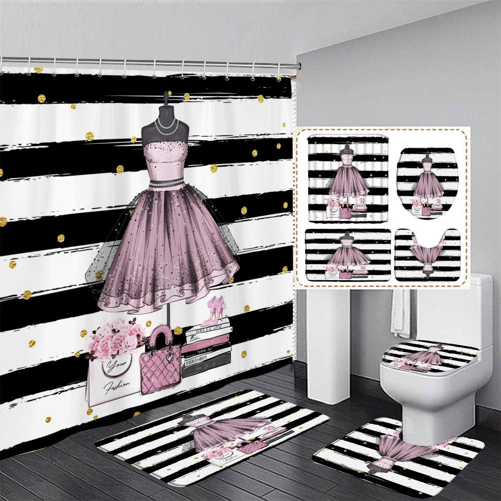 

Pink Floral Perfume Shower Curtain Set Fashion Magazine Inspirational Quotes Bathroom Decor Bath Curtains Bath Mats Toilet Cover W60H190(CM)-1 Pcs