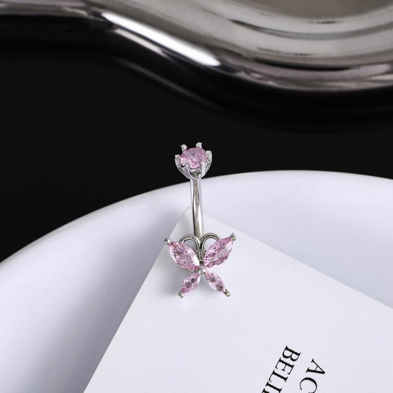 Cute Pink Butterfly Zircon Belly Button Rings Fashion Y2K Style Navel Piercing Jewelry for Girls Dating Wear