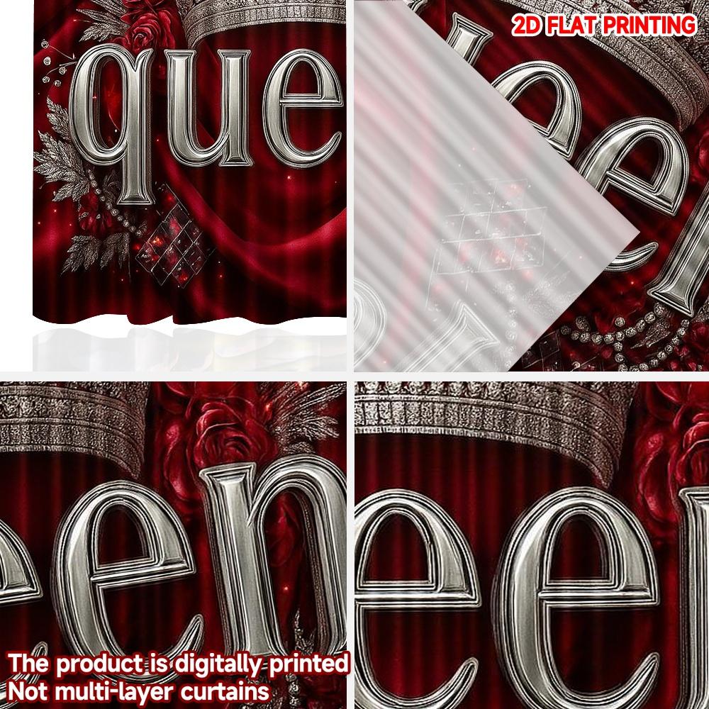 2pcs Queen Crown Curtains Digital Printing   Silver 3D Letter with Red Flowers on Satin Background for Luxurious Bedroom Decor