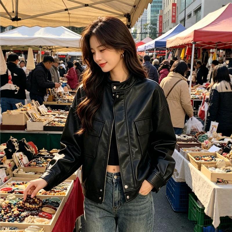 Women's Short, Stylish Leather Jacket for Spring and Fall—Solid-Color, Minimalist, Casual Outerwear