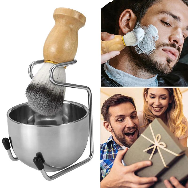 3pcs Men Shaving Brush Kit Wooden Handle Shaving Brush Stainless Steel Soap Bowl with Metal Stand Professional Face Beard Cleaning Grooming Tool Set