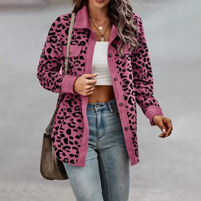 Damen Frühlings-/Herbstmantel, falsche Brusttasche, Umlegekragen, einreihig, Leopardenmuster, lange Ärmel, mittellange Jacke für den Alltag