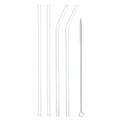 Uxcell Reusable Glass Straws for Frozen Sparkling Tea, 200x6.2mm, with Cleaning Brush, Pack of 4