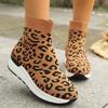 Fashion Leopard Printed Knitted Socks Sneakers for Women Breathable Casual Sports Running Shoes Woman Fashion High Top Slip-On Sneakers