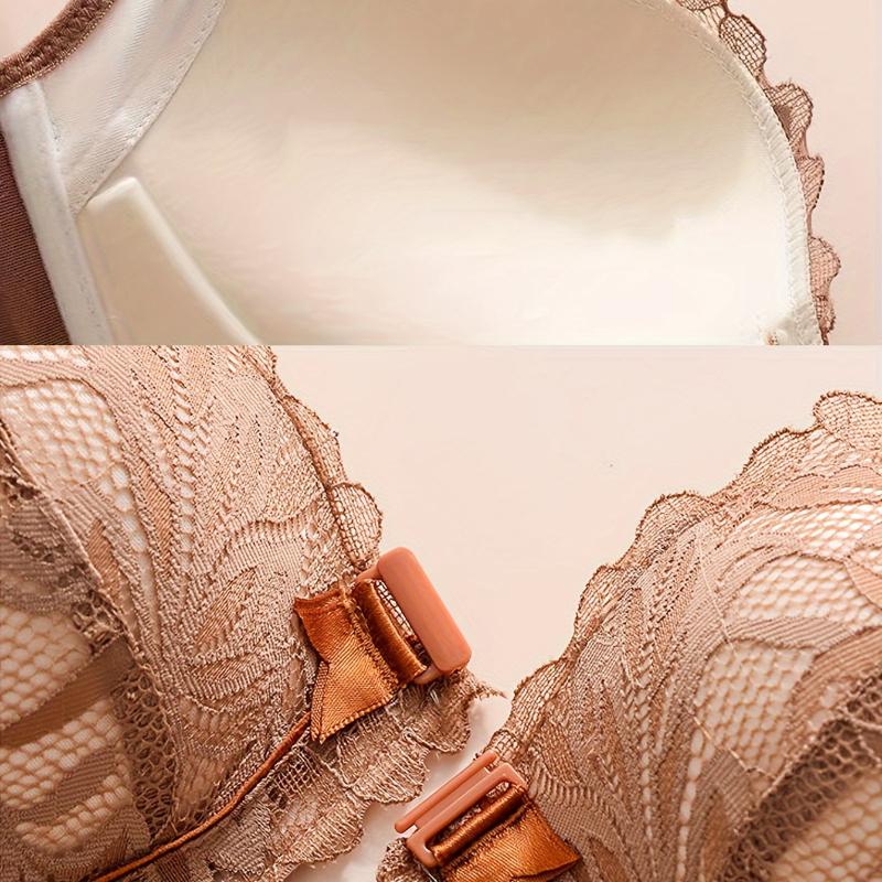 Contrast Lace Wireless Bra, Comfy & Breathable Front Buckle Push Up Bra, Women's Lingerie & Underwear