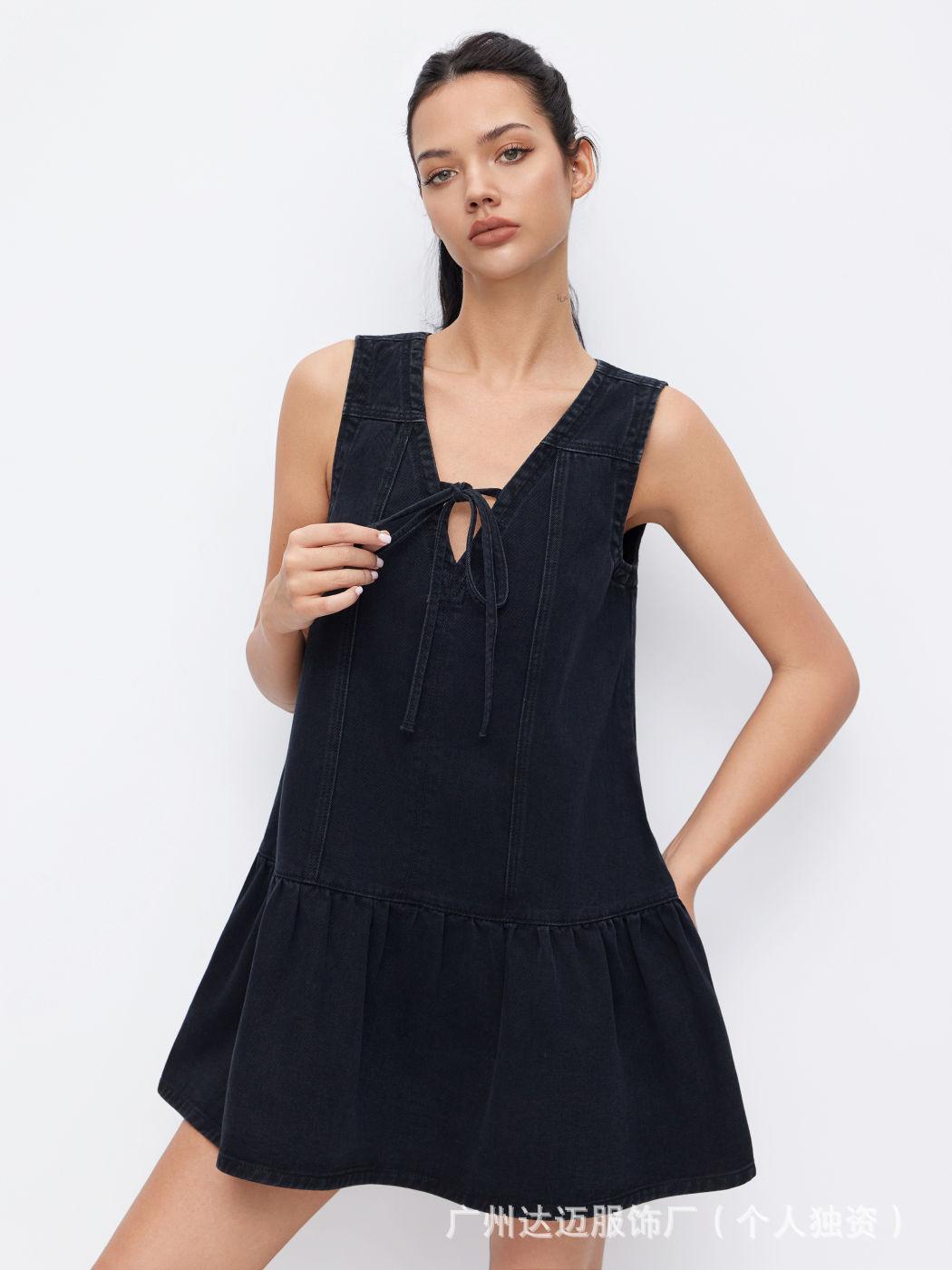 2026 Amazon Independent Station s new spring and summer denim dress, loose V-neck A pendulum strap vest, sleeveless cow S чёрный