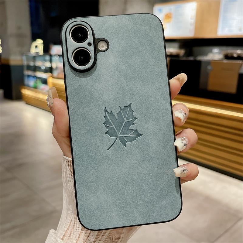Slim Lambskin Leather Maple Leaves Pattern Phone Case for iphone 16E 11 12 13 14 15 16 Pro Max 15 16 Plus Soft Bumper Back Cover