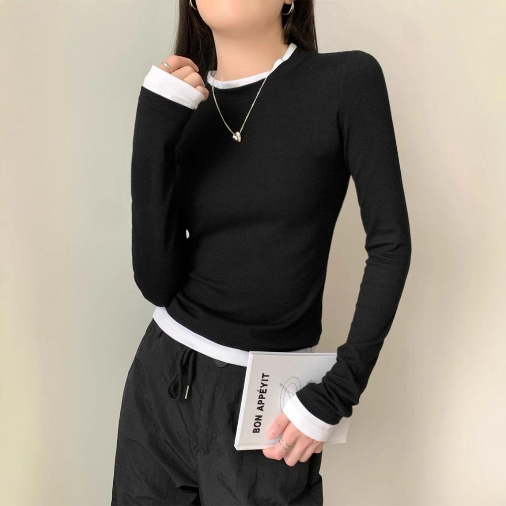 Design Sense Tricouri cu mânecă lungă slim fit două piese false pentru femei, toamnă gât rotund pulover versatil