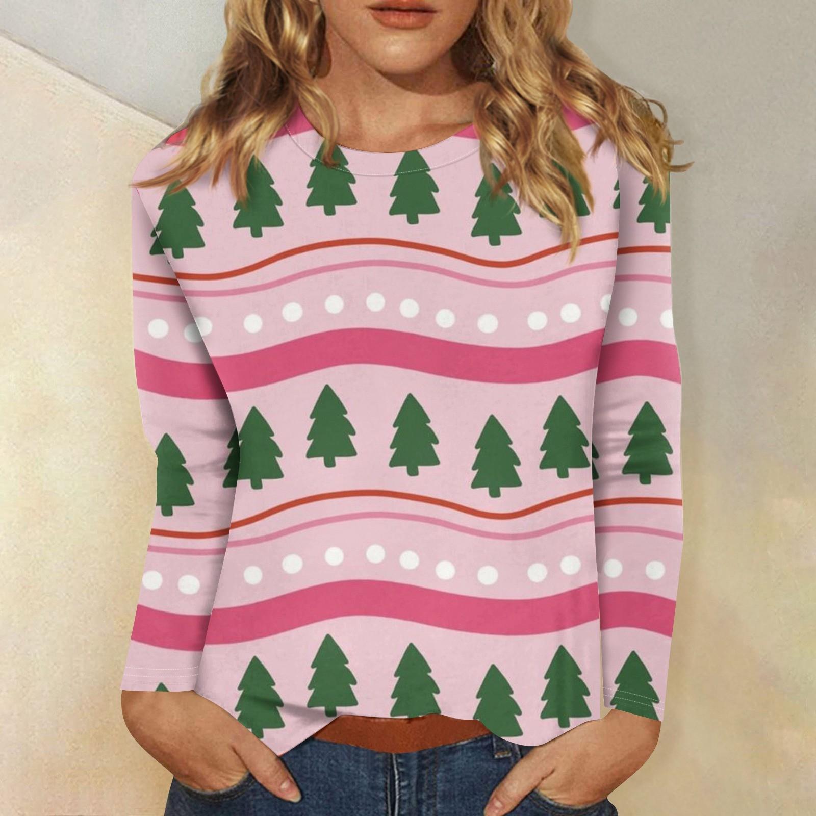 

Женская мода повседневная рождественская печать круглый вырез длинный рукав декоративная футболка топ L розовый