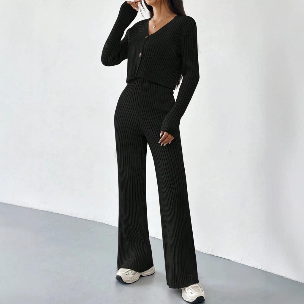 Europe, America, autumn and winter high-end women's sweater fashion wide-leg pants V-neck short knitted cardigan two-piece set