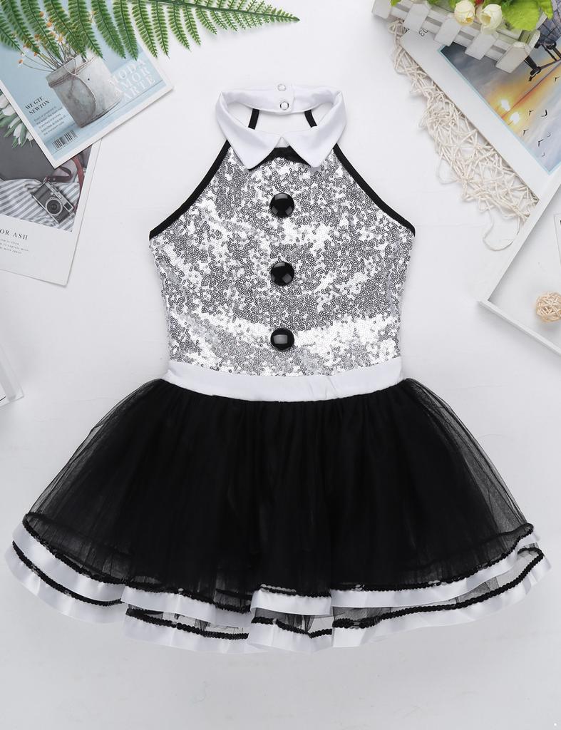 Girls Kids Shiny Sequins Modern Jazz Dance Outfit Ballet Tutu Dress Stage Performance Dancing Costume