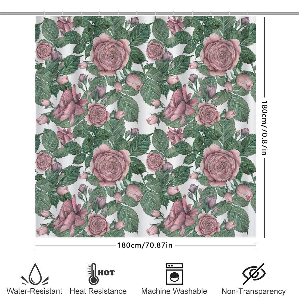 Elegant Green Leaves Rose Print Shower Curtain Waterproof Bathroom Decoration Home Decor Pink 72X84 Inch