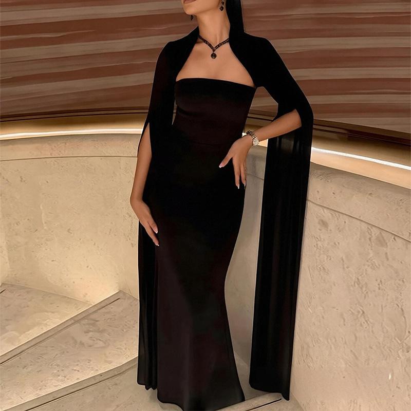 2026 European and American Women's Clothing, New Summer Models, Fashionable and Elegant Banquet Dresses, Solid-color Slim-fit Hip-wrapped Dresses.