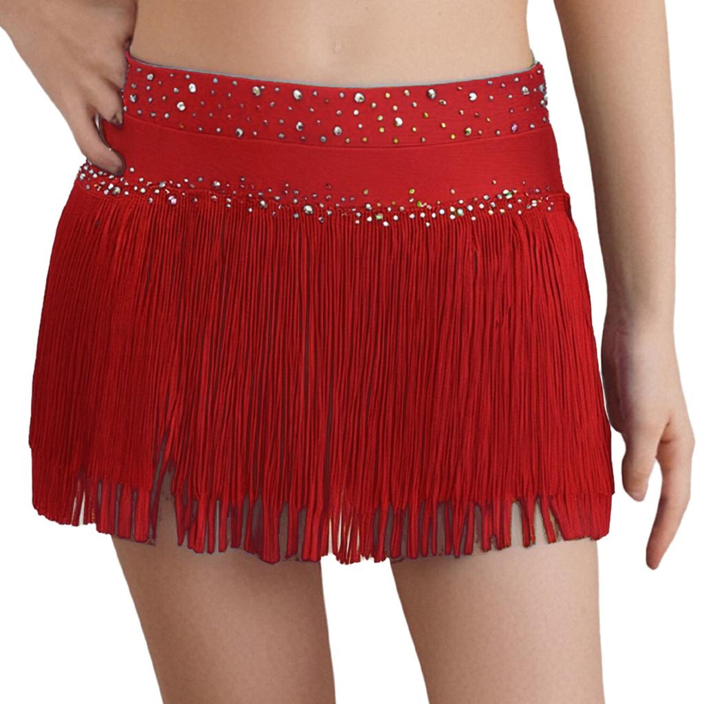Fete Strălucitoare Strass Ciucure Fustă Scurtă Culoare Uni Dans Latin Scenă Performanță Îmbrăcăminte