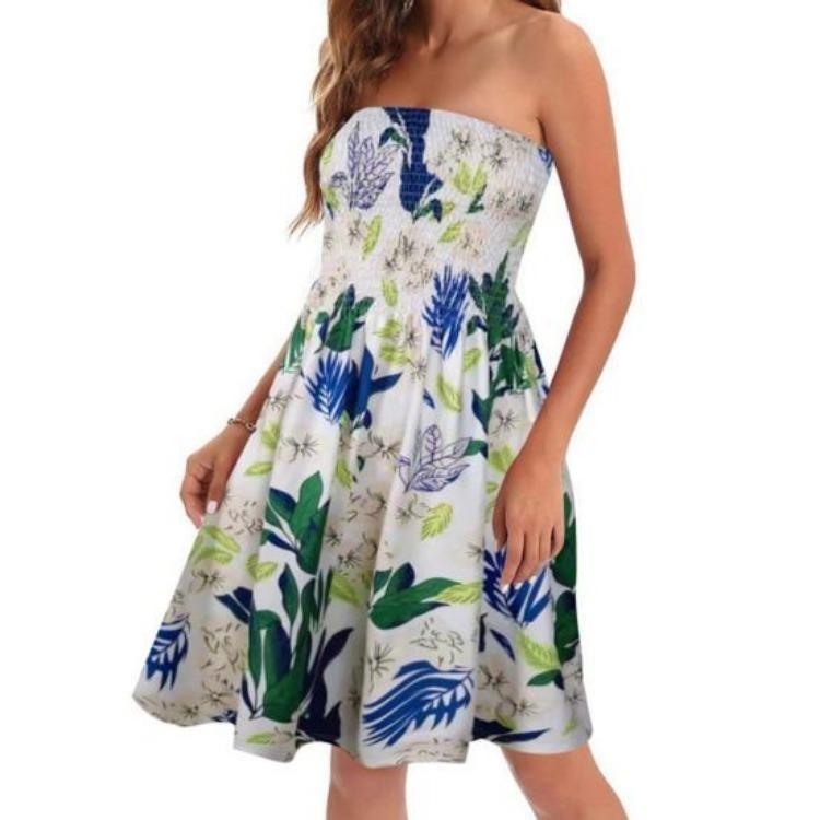 Summer Off Shoulder Dress Women Sleeveless Backless Bohemian Floral Printed A-line Elastic Bust Knee Length Beach Vacation Bandeau Dress