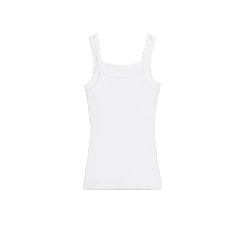 Spring and Summer New Women's Clothing Minimalist Easiest for Match Cotton Blended Sling Double-Layer round Neck Shoulder Strap T-shirt Tops 4174336