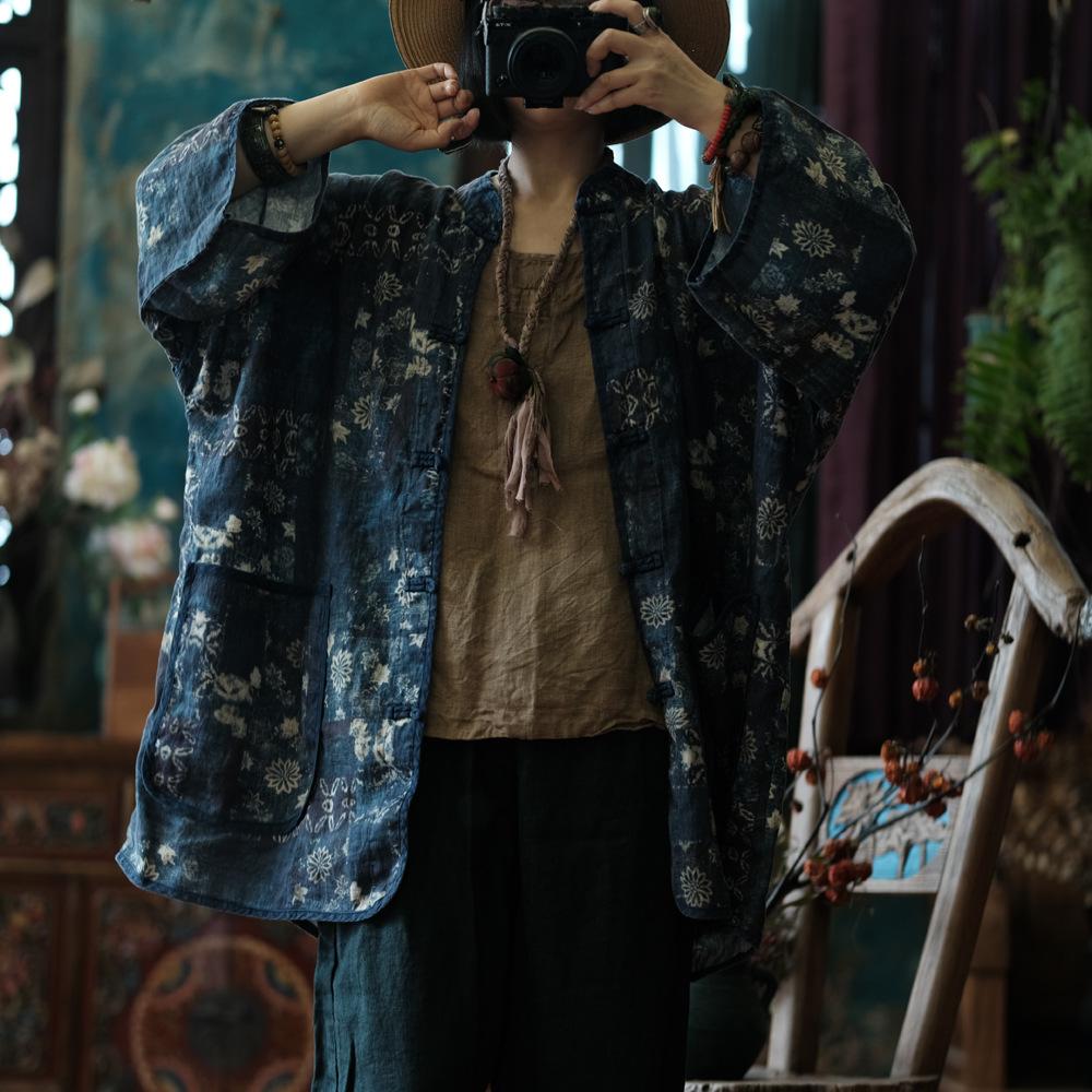Johnature Women Vintage Print Floral Shirts Tops Print Floral Linen Blouses Spring Stand Long Sleeve Women Shirts