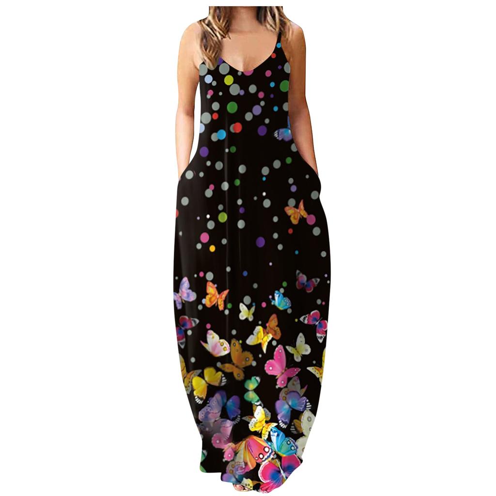 Fashion Women's Loose Casual Summer Print Pocket Sling Sleeveless Dress