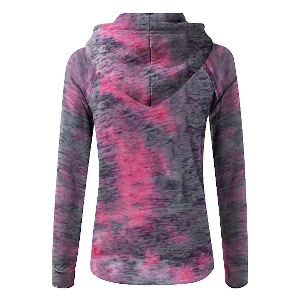 Women Fashion Casual Tie-Dyed Print Zipper Long Sleeve Pocket Loose Coat