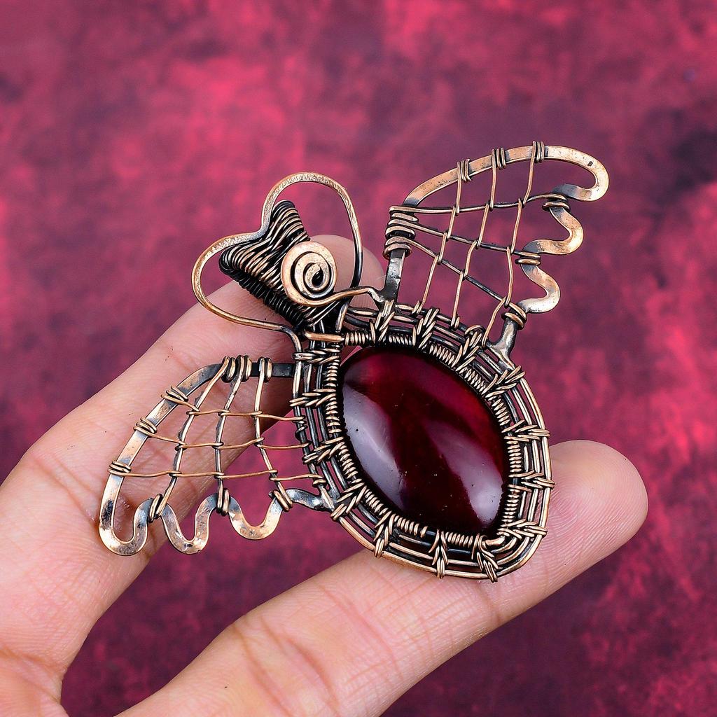 Red Fire Labradorite Real Gemstone Pendant Copper Wire Wrapped Butterfly Pendant