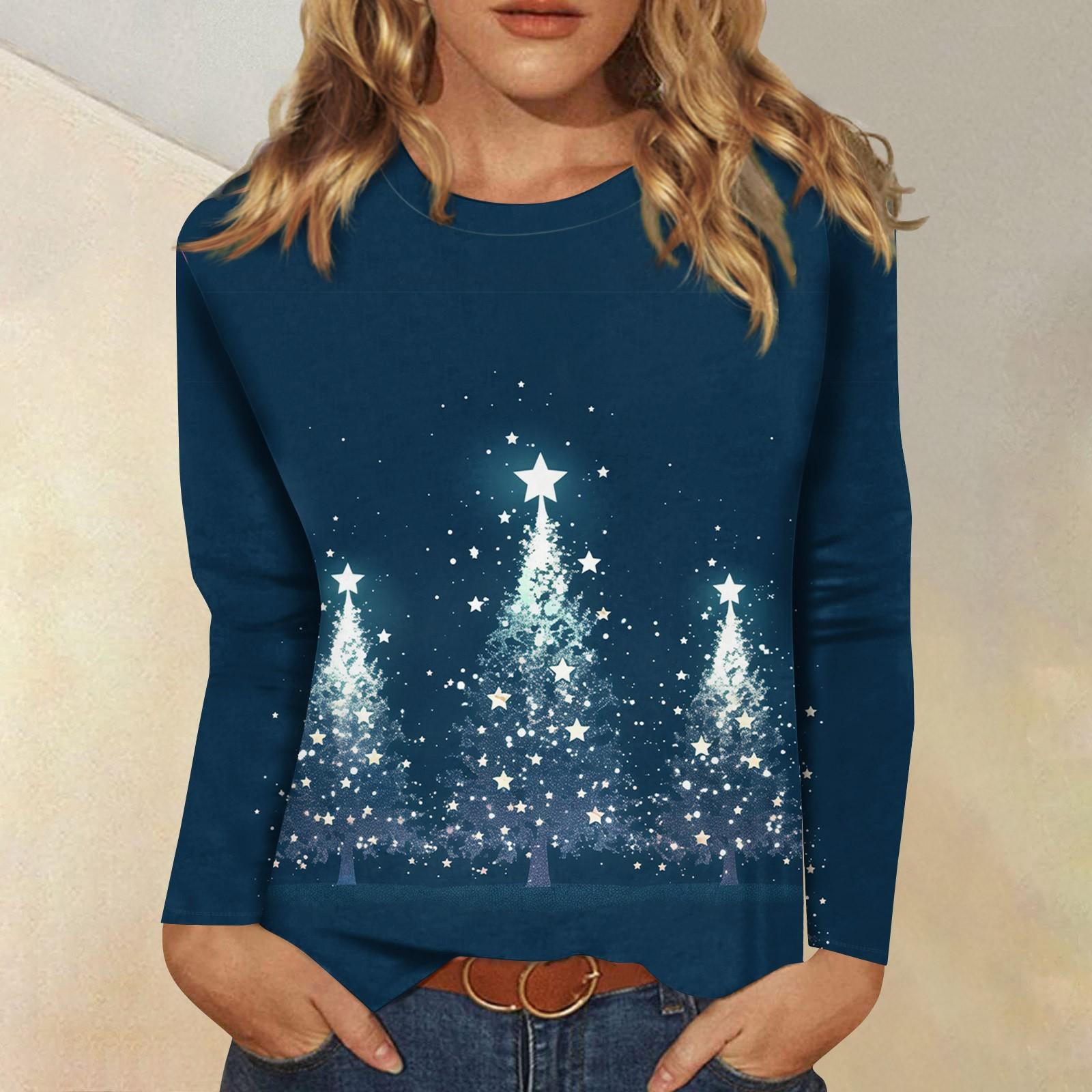 

Женская мода, повседневная блузка с длинным рукавом и круглым вырезом, пуловер с принтом L синий