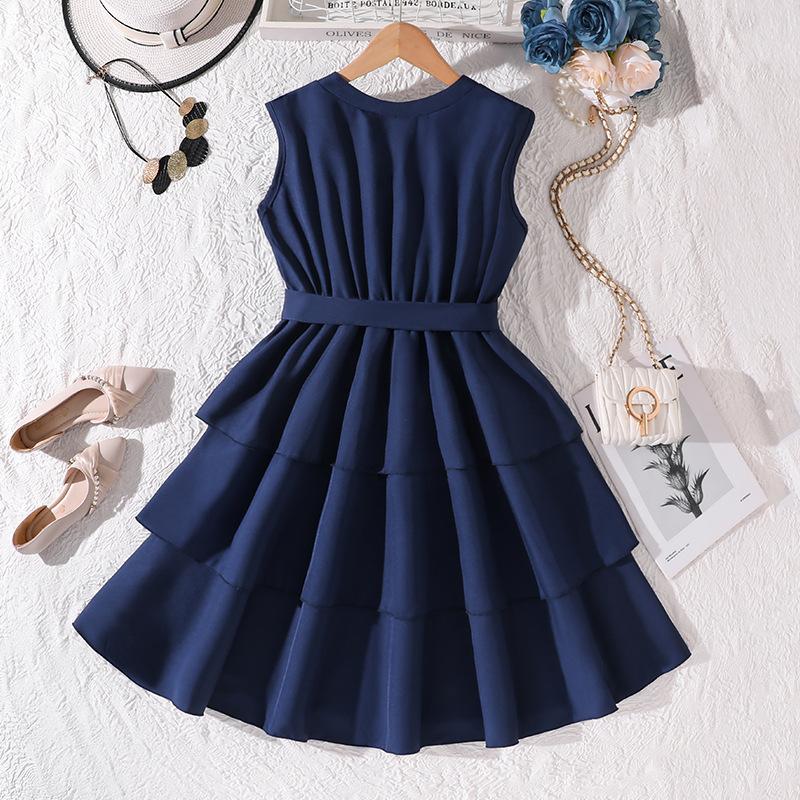 Sweet Girls' Dress Summer Children's Elegant Sleeveless Tiered Casual Waist-cinched Dress