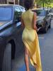 2025 Summer European & American Style Women's Ruched Ribbon Slit Dress - Slim Fit, Elegant Fashion