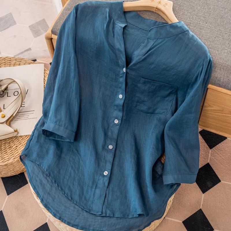 Temperament casual style literary retro solid color summer new thin cotton and linen shirt women's loose V-neck shirt women's clothing