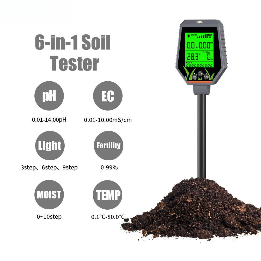 6 In 1 Soil Survey Analyzer Moisture Tester Tool Multifunctional Garden Plant Soil Water Measurement Meter