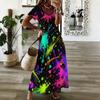 Women Plus Size V Neck Short Sleeve Black Golden Printed Straight Maxi Dress