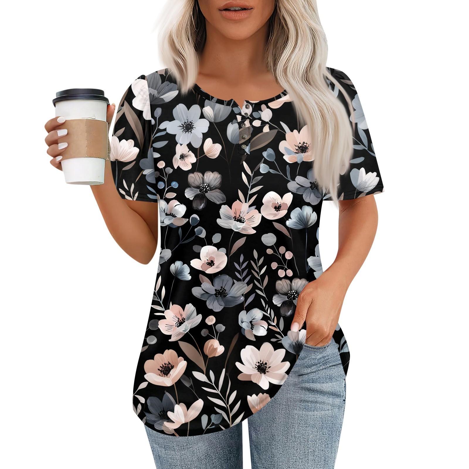 

Женский модный повседневный короткий рукав пуловер с принтом на пуговицах и круглым вырезом L