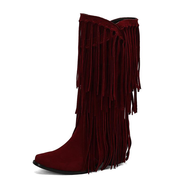 Autumn and winter fringed women's boots small square head solid color casual fashion boots H