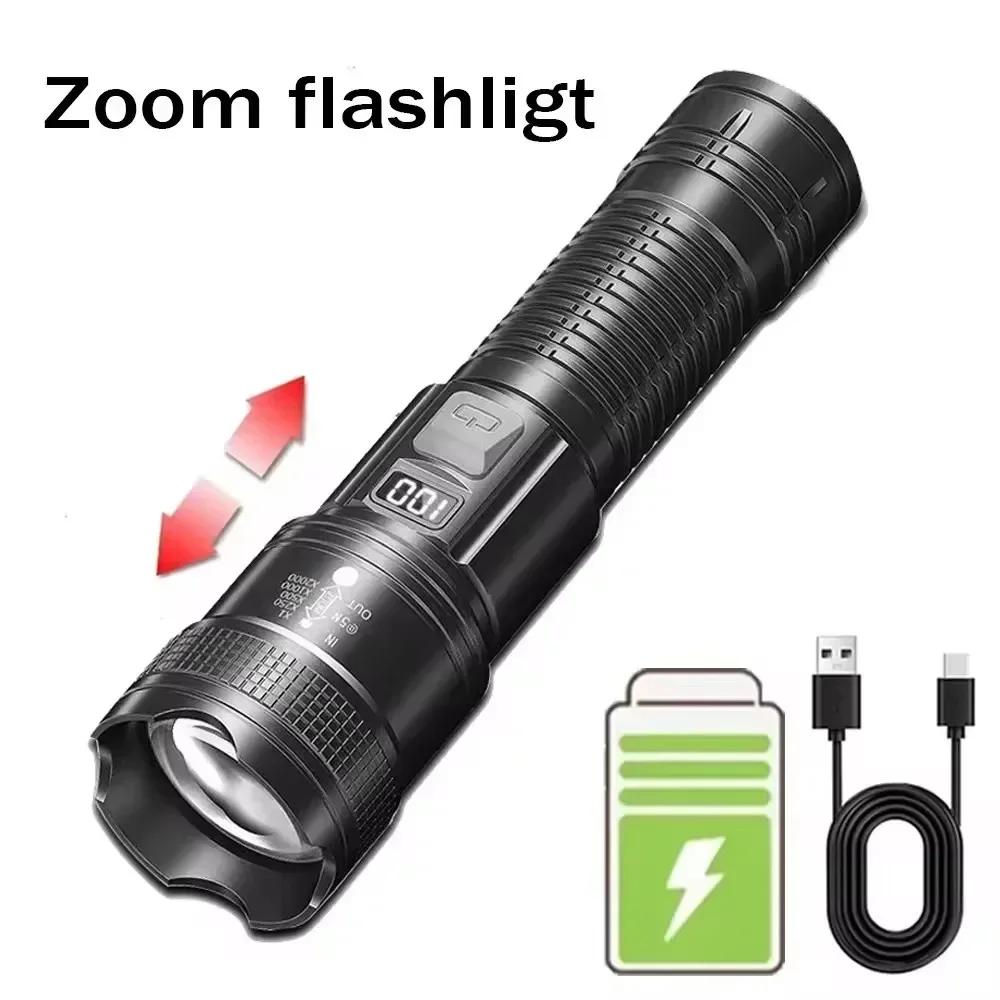 High Strong Power Led Flashlights 300000LM Tactical Torch with Display Light USB Charging Camping Fishing Defensa Zoom Lantern
