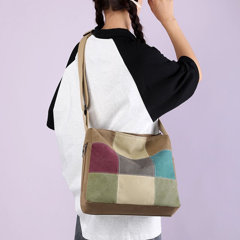 Damen Farbblock Patchwork Canvas Umhängetasche Lässige Schultertasche Mode Outdoor Einkaufen