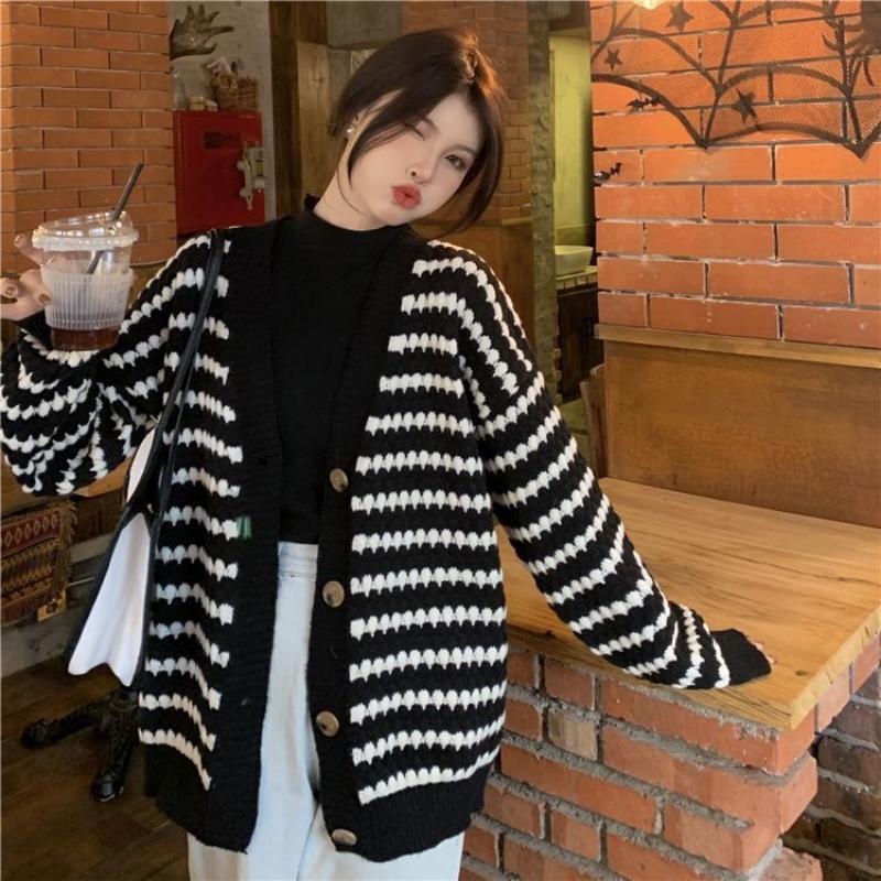 Korean Version Striped Sweater Cardigan Jacket Women Spring and Autumn Westernized Loose and Versatile Outerwear Top Sweater